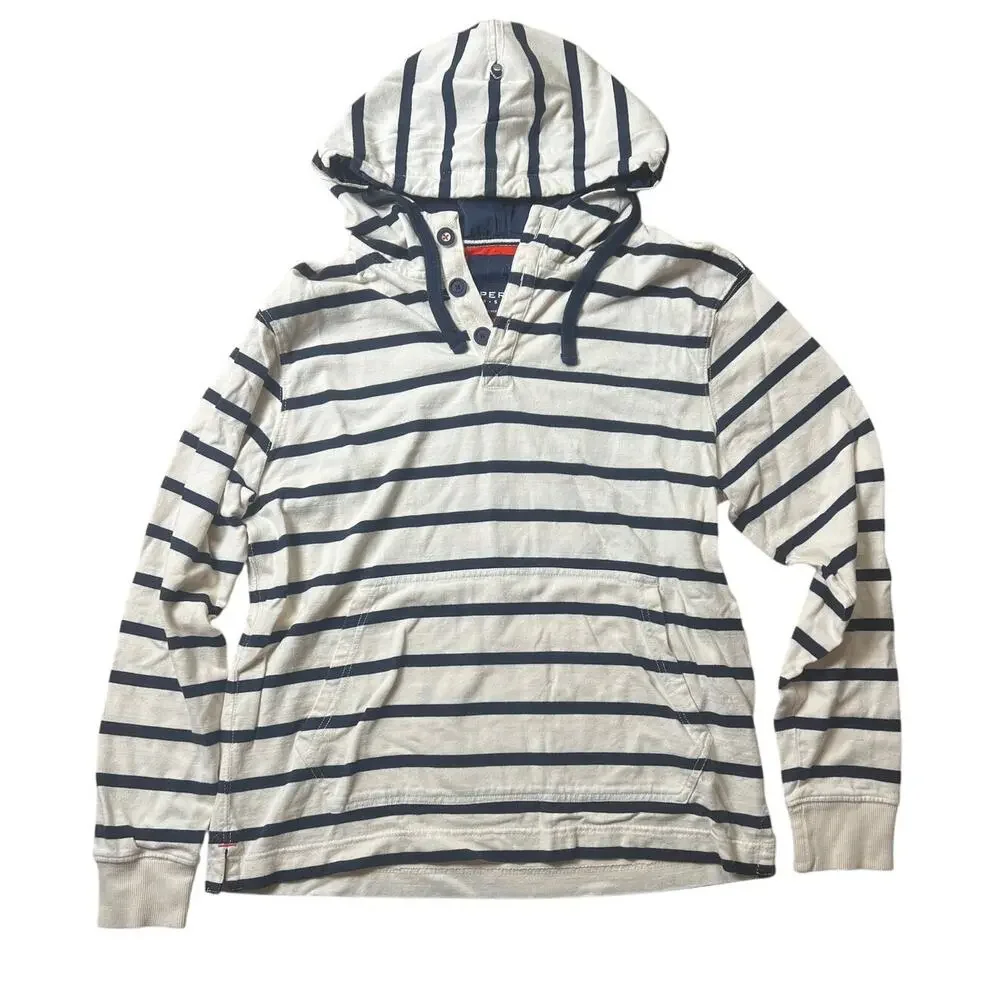 Sperry Top-Sider full Zip Hoodie White/Navy Blue Striped Sweatshirt Mens Large